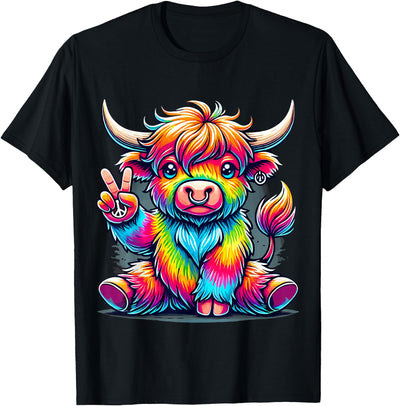 Tie Dye Highland Cow Peace Sign Hippie T-Shirt