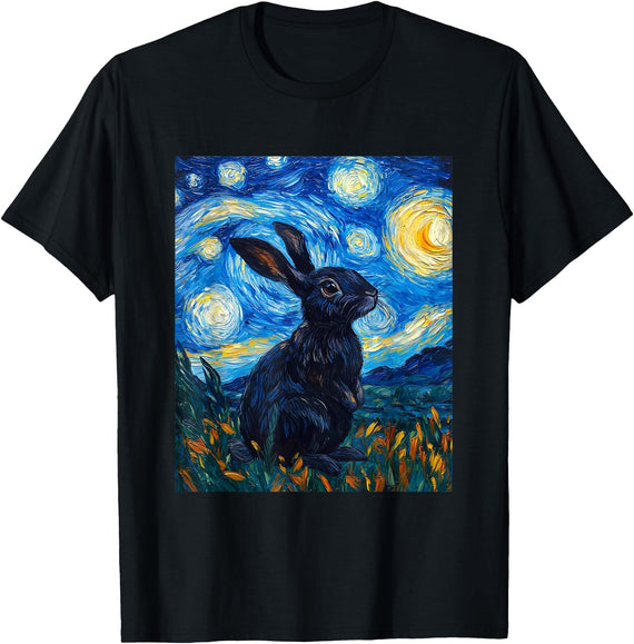 Bunny Rabbit Van Gogh Style Starry Night Cute Graphic T-Shirt in Black