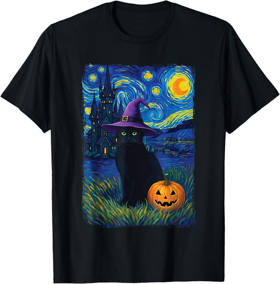 Halloween Black Cat Spooky Witch Costume Cat Starry Night Halloween T-Shirt - Black