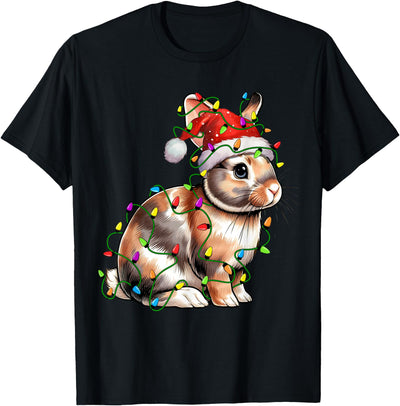 Rabbit in Santa Hat Wrapped in Christmas Lights T-Shirt