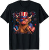 Funny Highland Cow Graphic Tee Men Women Highland Cow 4th of July Vintage American Flag T-Shirt - Black