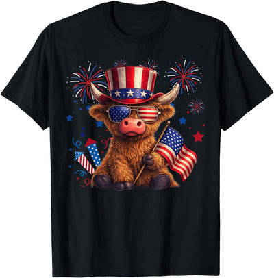 Highland Cow 4th of July Vintage American Flag T-Shirt
