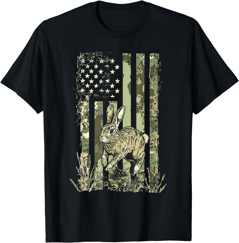 Camouflage Bunny Rabbit American Flag Hunting Rabbit Hunter T-Shirt in Black