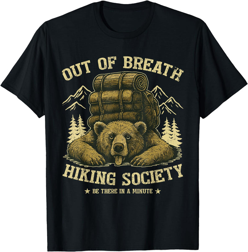 Bear Camp Trekkers Funny Hiking Bear Out of Breath Joke T-Shirt - Black