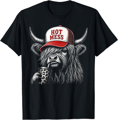 Hot Mess Highland Cow Funny Cute Coffee Lover T-Shirt