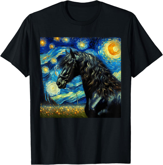 Friesian Horse Motif For Men And Women Friesian Horse Starry Night Horse T-Shirt - Black