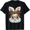Happy Easter Funny Bunny Glasses Leopard Bandana Rabbit Face T-Shirt in Black