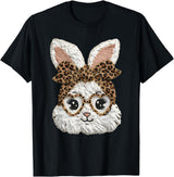 Happy Easter Funny Bunny Glasses Leopard Bandana Rabbit Face T-Shirt in Black