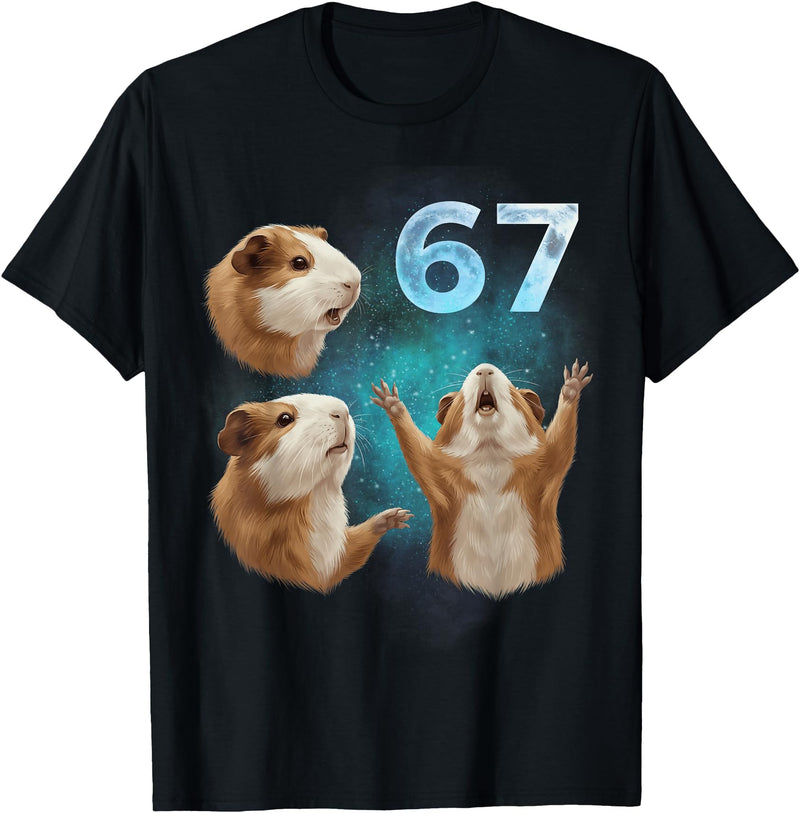 Guinea Pig 67 Meme Trending Vibe 67 Meme Guinea Pig Howling at The Moon Six Seven T-Shirt - Black