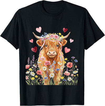 Floral Scottish Highland Cow Farm Animals Cute Women Girls T-Shirt