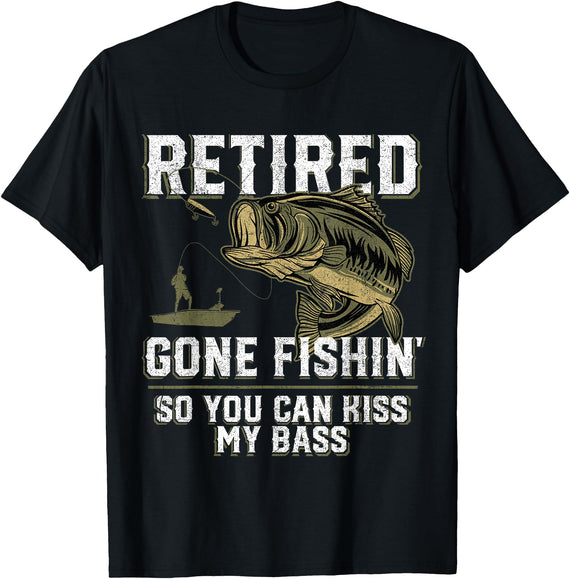 Funny Bass Fishing Shirts & Gifts For Men Retired Gone Fishin' Unisex Adult Humor Bass Fishing T-Shirt Black Medium - Black