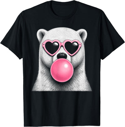 Retro Bubblegum Polar Bear Lover Polar Bear Pink Heart Sunglasses Funny Bubble Gum T-Shirt
