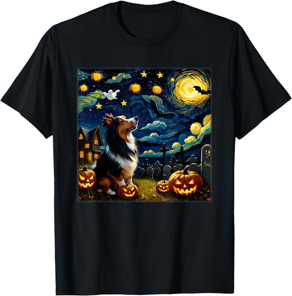 Starry Night Sheltie Dog Halloween Spooky Halloween Sheltie Dog Starry Night T-Shirt for Men Women Kids - Black