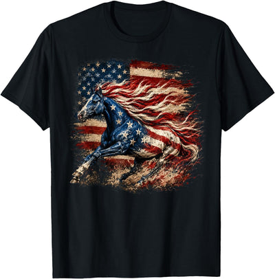 Independence Day Horse Lovers Cowgirls Horse Patriotic Equestrian 4th of July USA American Flag T-Shirt