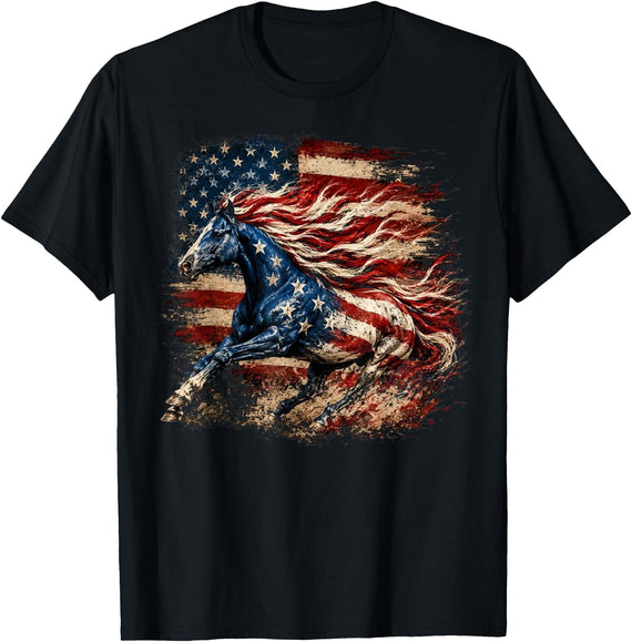 Independence Day Horse Lovers Cowgirls Horse Patriotic Equestrian 4th of July USA American Flag T-Shirt - Black