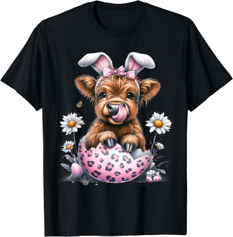 Funny Cow Easter Rabbit Cute Highland Cows Lover Easter Day T-Shirt - Black