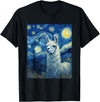 Llama Designs. Llama Alpaka Van Gogh Style Starry Night Funny Graphic T-Shirt - Black