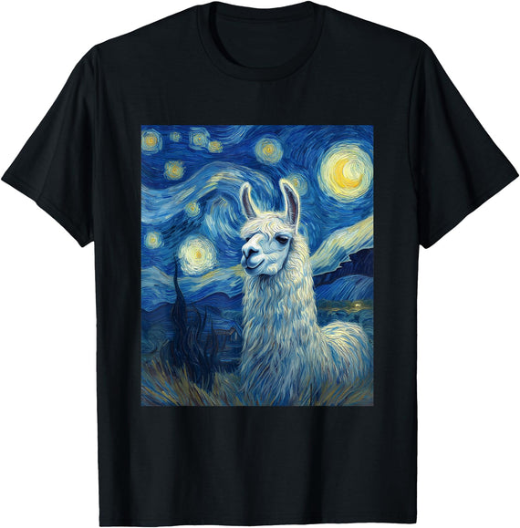 Llama Designs. Llama Alpaka Van Gogh Style Starry Night Funny Graphic T-Shirt - Black