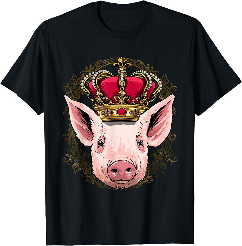 Wowsome! King Pig Wearing Crown - Queen Pig Animal T-Shirt - Black