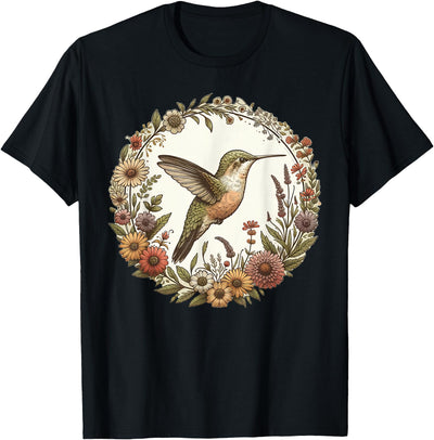 Cute Cottagecore Aesthetic Bird Lover Apparel Cute Cottagecore Aesthetic Hummingbird Bird Flowers T-Shirt