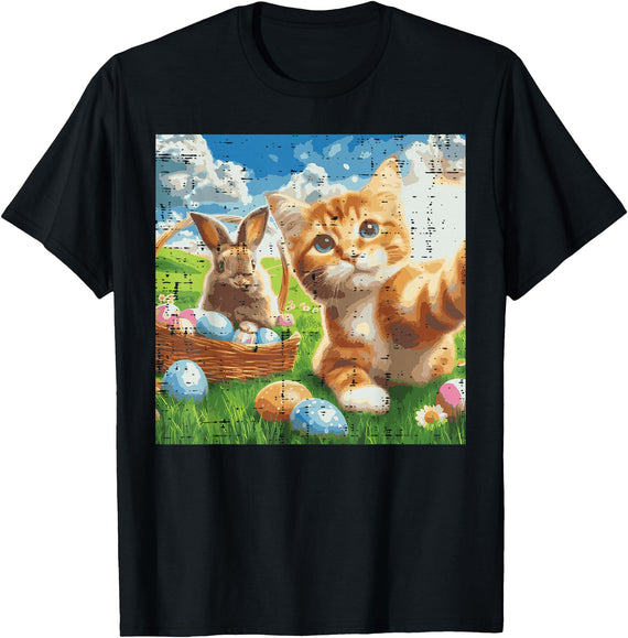 Easter Bunny Cat Selfie Cute Rabbit Kitten Meme Women Girls T-Shirt in Black