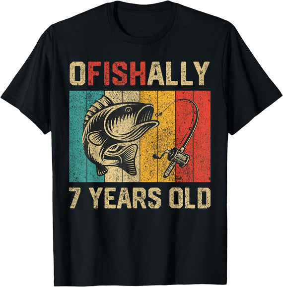 Vintage Fishing Fisherman Birthday Gifts Ofishally 7 Years Old Funny Fishing Birthday Fisherman T-Shirt - Black