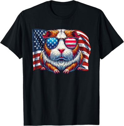 Vintage Guinea Pig Pets Owners Patriotic USA Flag Sunglasses T-Shirt