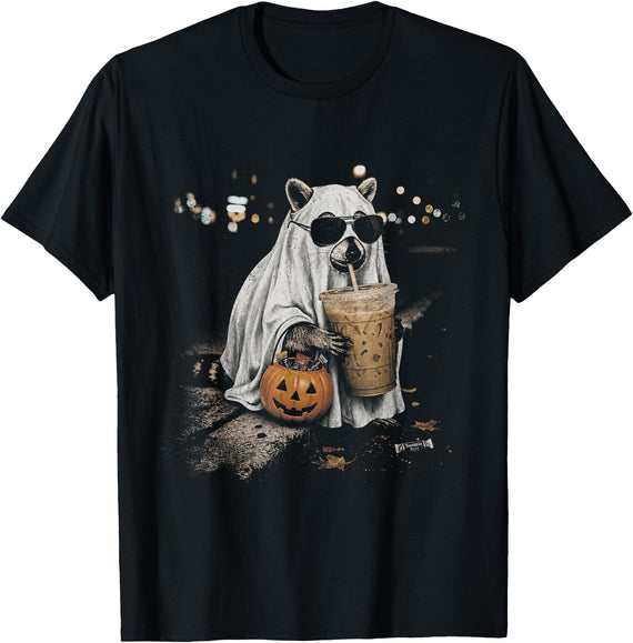 Funny Halloween Raccoon with Pumpkin and Coffee Raccoon with Pumpkin and Coffee Vintage 90s Halloween T-Shirt - Black