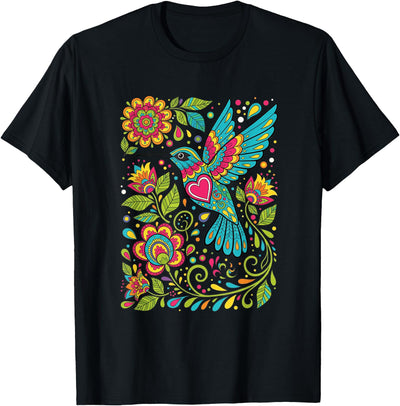 FolkFlight Design Co Bird Hummingbird Floral Folk-Art Colorful T-Shirt