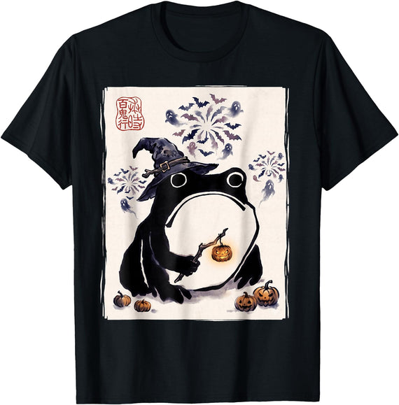 Cottagecore Frog Halloween Aesthetic Cottagecore Frog Witch Hat Japanese Funny Halloween Spooky T-Shirt - Black