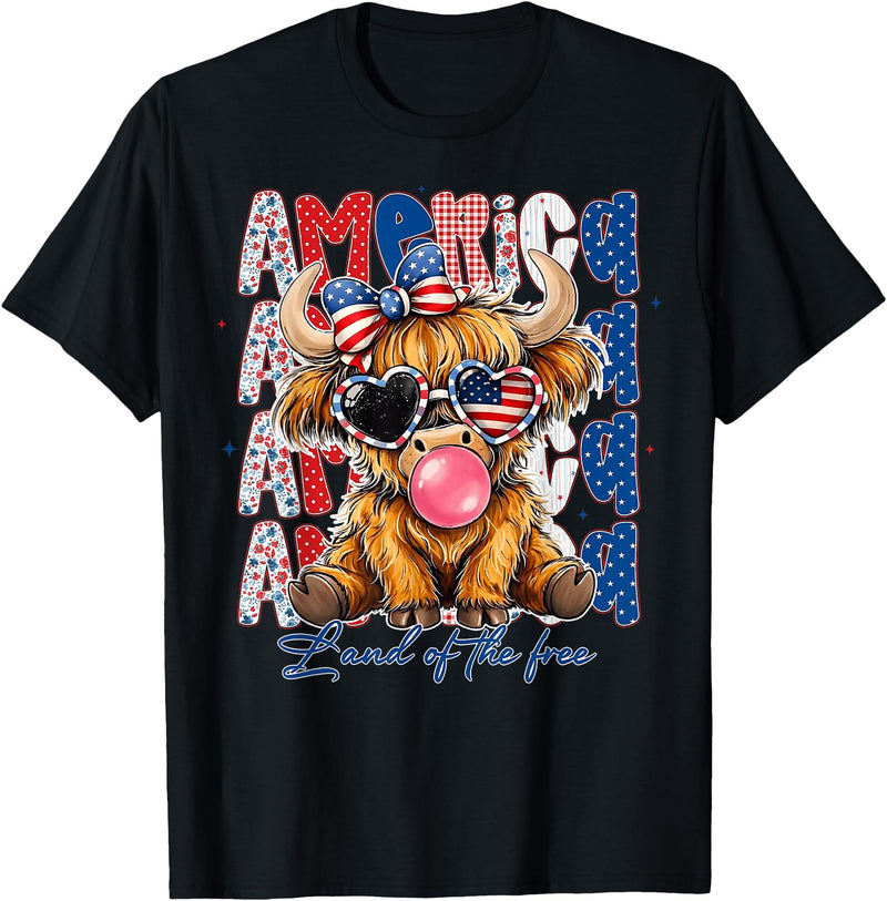 Cute Cow Creations Highland Cow 4th of July, Patriotic Cowgirl Bow Design T-Shirt - Black