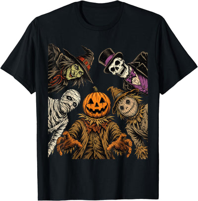Spooky Halloween Horror Gathering Pumpkin Scarecrow Witch Mummy Skull Halloween Monsters T-Shirt