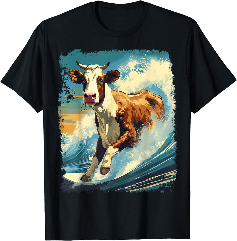 Noah&Friends Pop Art Colorful Cow Surfing T-Shirt - Black