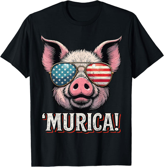 Murica 4th of July Independence day Murica Pig 4th of July American Flag Patriotic USA T-Shirt - Black