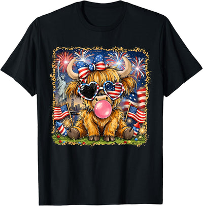 250 Years of Freedom 4th of July Highland Cow Kids Leopard T-Shirt