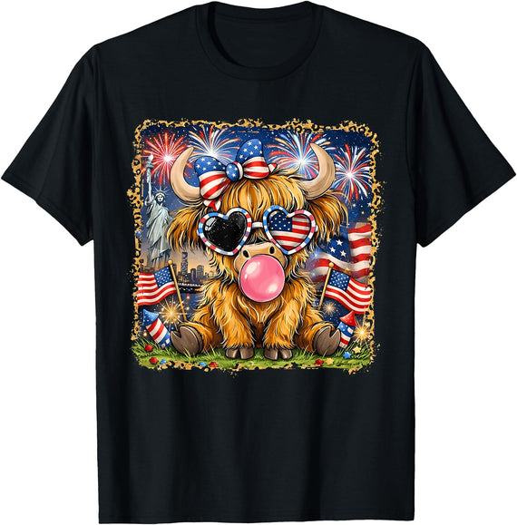 250 Years of Freedom 4th of July Highland Cow Kids Leopard Western Highland Cow 250th Anniversary American Flag T-Shirt -