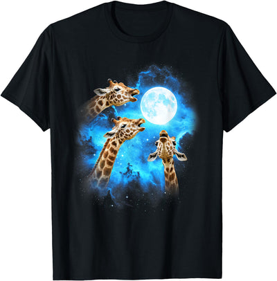 3 Giraffe Howling at The Moon Colorful Blue T-Shirt