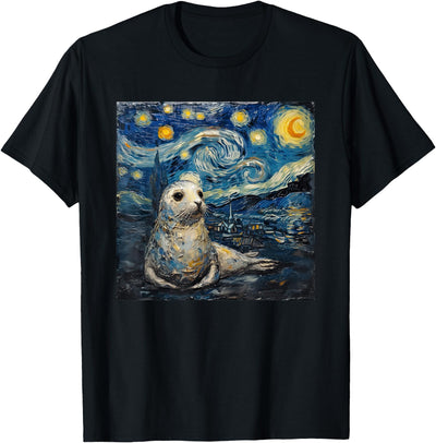 Seal Sea Lion Van Gogh Style Starry Night T-Shirt