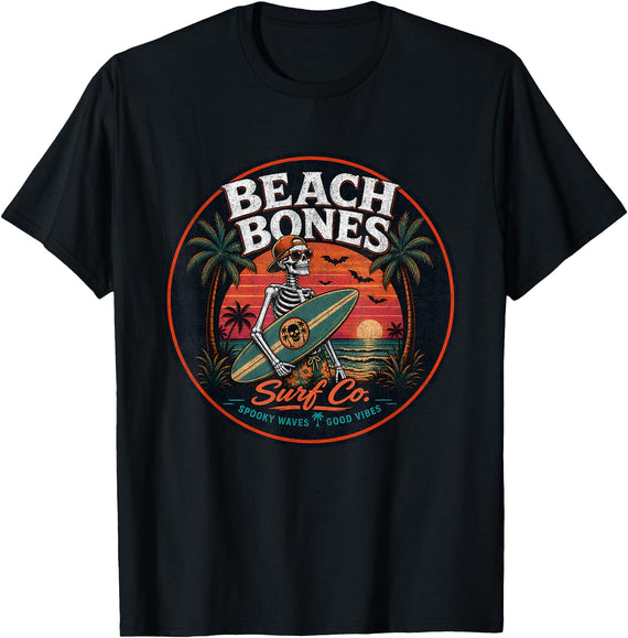 Summer Halloween Spooky Tee Co Halloween Skeleton Spooky Beach Surfer - Summer Halloween T-Shirt - Black