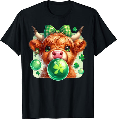 Cute Highland Cow Hilarious Shamrock Themed Blowing T-Shirt