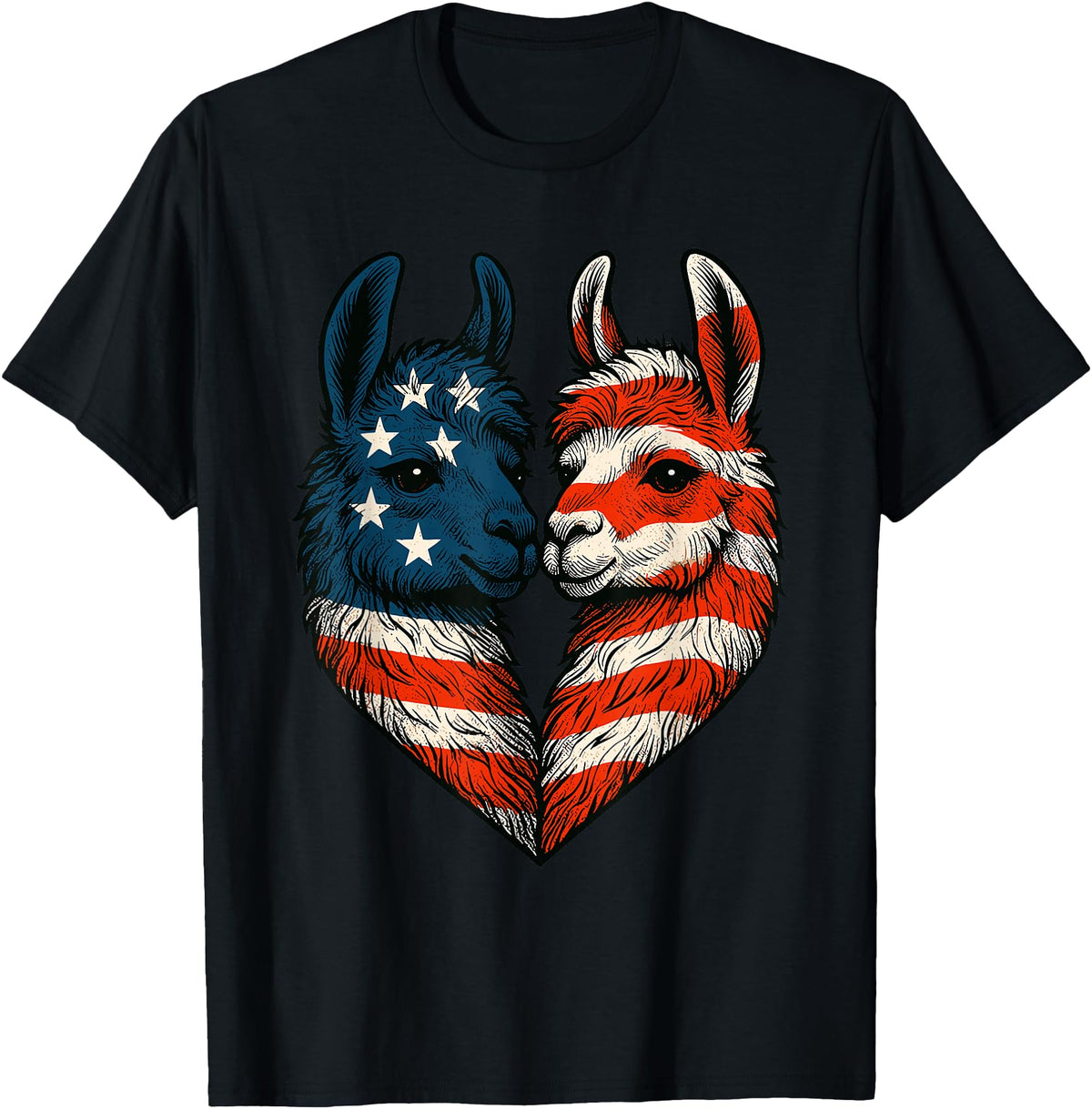 Fourth of July Clothing Co. Patriotic Llamas Heart American Flag 4th of July Graphic T-Shirt - Black