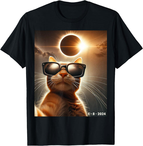 eclipse solar shirt 2024 eclipse funny cat shirt cat taking a selfie with solar 2024 eclipse wearing Glasses T-Shirt - Black