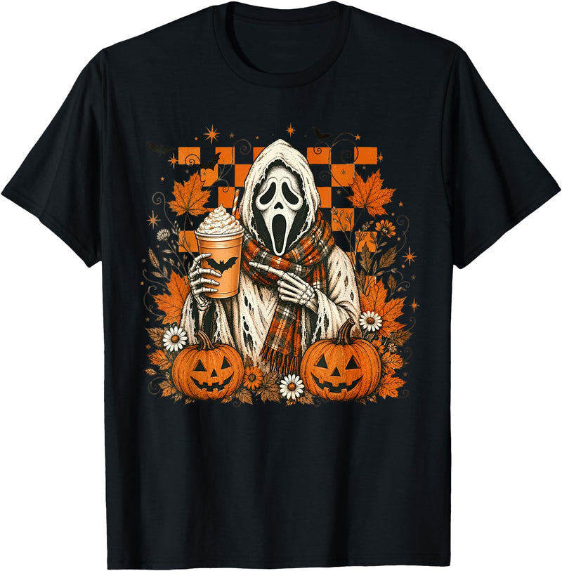 Halloween Pumpkin Ghost Autumn Leaves Graphic Cute Spooky Ghost Fall Halloween Coffee Latte Autumn Pumpkin T-Shirt - Black