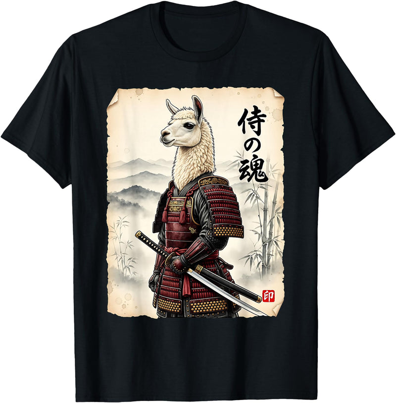 Vintage Samurai Alpaca Llama Japanese Art Tees Samurai Llama Japanese Art Vintage Alpaca Funny Animal T-Shirt - Black