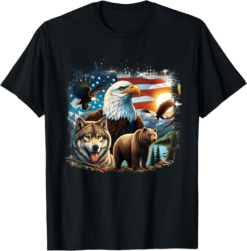 USA Animals Bald Eagles Grizzly Bear Wolf Wilderness Nature T-Shirt - Black