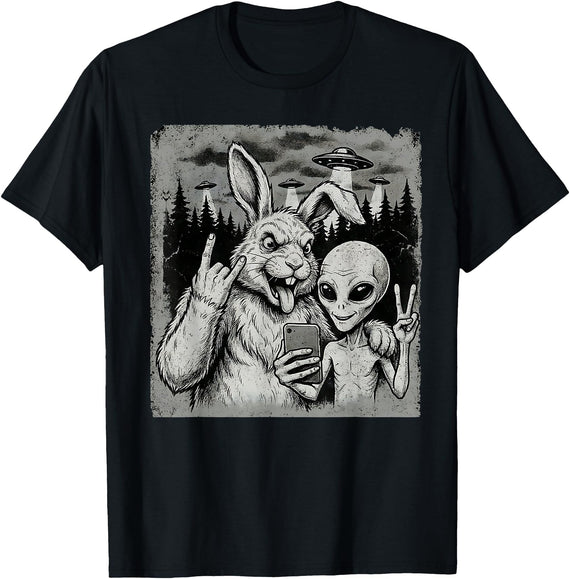 Funny Rabbit and Alien Rock on Hand Sign UFO Selfie T-Shirt in Black