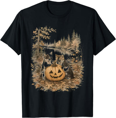 Vintage 90s Cats And Pumpkin Halloween Women Men Funny Retro 90s Kitten Black Cats and Pumpkin Halloween T-Shirt
