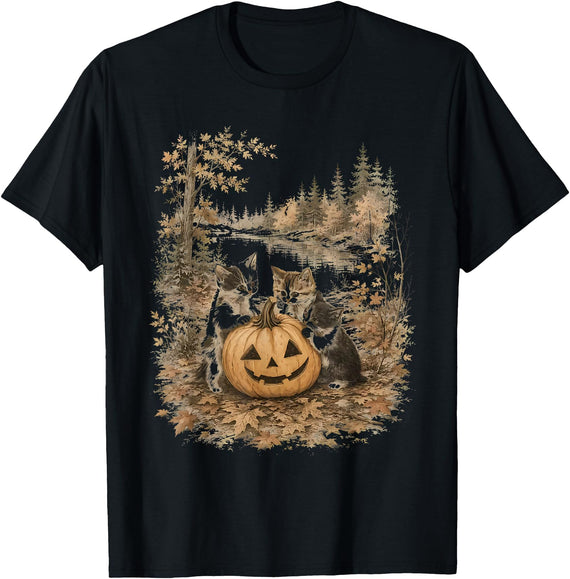 Vintage 90s Cats And Pumpkin Halloween Women Men Funny Retro 90s Kitten Black Cats and Pumpkin Halloween T-Shirt - Black