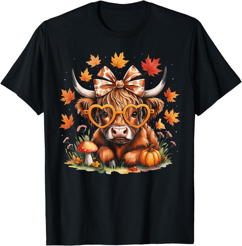 Fall Highland Cow Bow ThanksGiving Ades.shirt Fall Highland Cow Pumpkin Bow Thanksgiving Fall Girl Women T-Shirt - Black