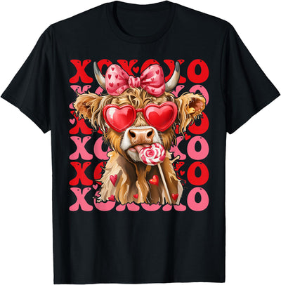Valentine Xoxo Highland Cow Fng Cute Coquette Bow Western T-Shirt